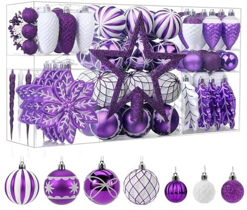 SHareconn 106pcs Christmas Balls Ornaments Set, Shatterproof Plastic Decorative Baubles for Xmas Tree Decor Holiday Wedding Party Decoration with Hooks Included, Purple & White