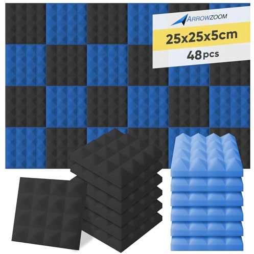 Arrowzoom 48 Akkustik Platten Akkustikschaumstoffmatten Akustikschaumstoff 25x25x5cm Dämmung Pyramide Noppenschaumstoff Breitbandabsorber Foam Feuerhemmend Tonstudio Schallabsorbierende Schwarz Blau