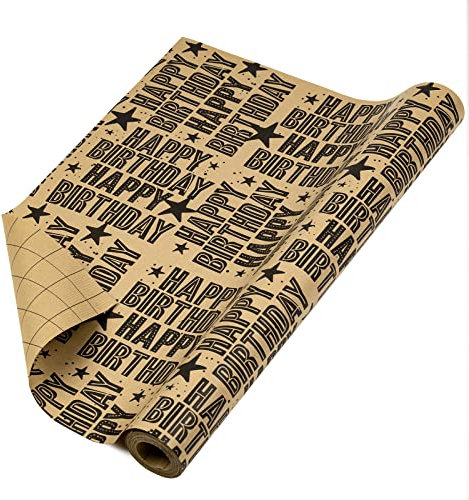 RUSPEPA Rouleau De Papier Cadeau Kraft - Motif Joyeux Anniversaire Noir Idéal Pour Anniversaire, Fête, Baby Shower - 44,5 cm X 10 m