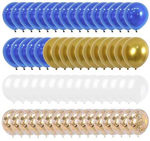 60PCS 12 Inches Blue Gold Balloons Royal and Arch Kit Helium Confetti Metallic for Birthday Decorations Men Boy Anniversary Party Decorations