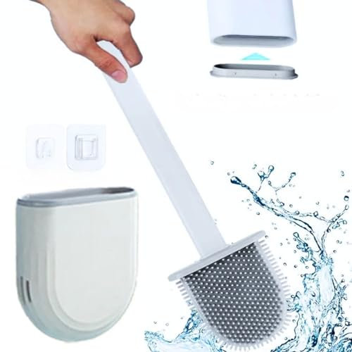 Steexu Silicone Toilet Brush Set - White Wall Mounted Toilet brush & holder - Scratch Proof Silicone Bristles Long Handle and Holder with Air Holes for Quick Dry - Bacteria Free bathroom Cleaning
