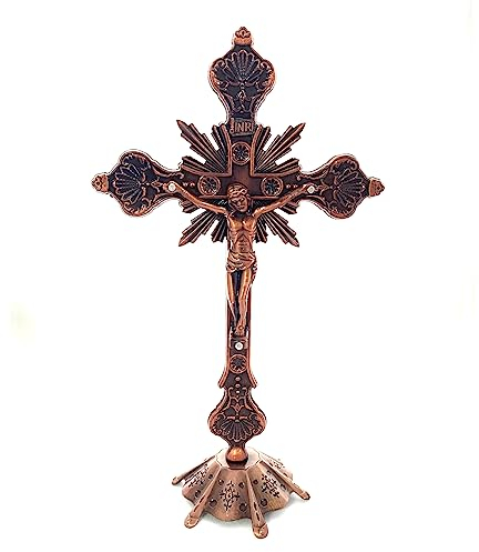 prtsftrb Kreuz-Ornament, Metall für Kreuzfigur, christliche katholische Statue, Kunstornament, katholisches Kreuz, Christuskirche, religiöses Ornament (antikes Rot)