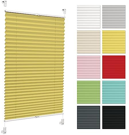 Plissee ohne Bohren 90 cm x 120 cm - Gelb - Plissee klemmfix, Rollos für Fenster ohne Bohren, Jalousien Fenster für innen, Raffrollo, Fenster plissee