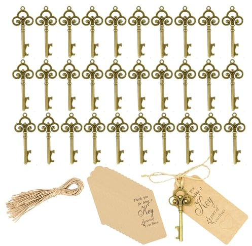 Ouvre-bouteille clés,30 pièces Clef decapsuleur mariage Vintage Porte Clef Decapsuleur avec papier kraft étiquettes cadeaux pour accessoires de fête, mariage faveurs décoration de fête