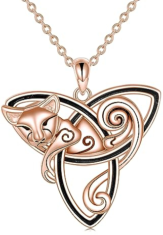 YFN Keltisch Katze Halskette Sterling Silber Roségold Anhänger Triquetra Dreifaltigkeitsknoten Katze Schmuck Geschenke für Damen Mädchen
