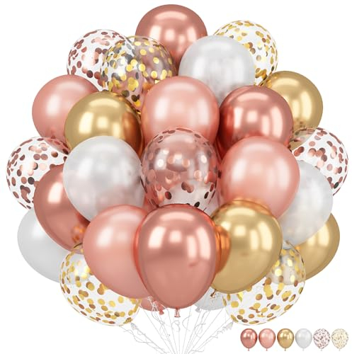 Palloncini a coriandoli in oro rosa, 60 confezioni da 30,5 cm, in oro rosa metallizzato e oro cromato, con nastro, per ragazze, donne, compleanni, matrimoni, anniversari, baby shower
