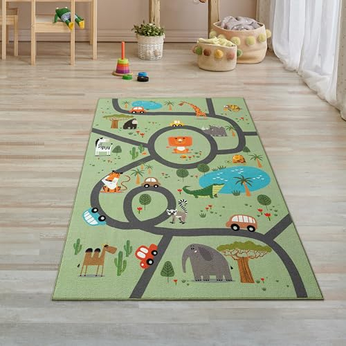 Teppich-Traum Teppich Kinderzimmer Kinderteppich rutschfest waschbar Spielteppich Safari Straße Autos Tiere Läufer grün 80 x 150 cm