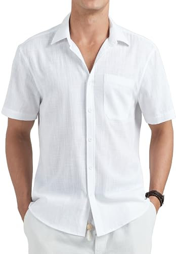HISDERN White Linen Short Sleeve Shirts for Men Casual Button Down Lightweight Shirts with Pocket for Summer Beach Holiday Regular Fit 3XL