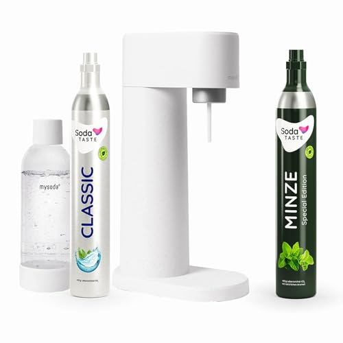 Sparpaket: Mysoda Woody - Wassersprudler aus erneuerbarem Holzkomposit mit 1L BPA-freier Plastikflasche, CO2-Zylinder Classic + CO2-Zylinder Minze (Weiß)