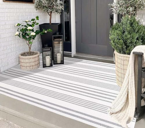Grau-weißer Outdoor-Teppich, 90 x 150 cm, Baumwolle, handgewebt, gestreift, maschinenwaschbar, für Innen- und Außenbereich, für Bauernhaus, mehrlagige Fußmatten, Wohnzimmer, Eingangsbereich
