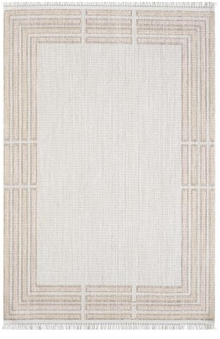 payé Teppich Wohnzimmer - 200x290cm - Beige Rosa - Bordüre Muster - Boho Frasen Teppiche - Wohnteppich Deko