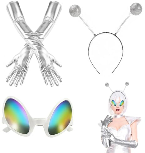 OUOQI Alien Kostüm Set - Rave Outfit Mit Stirnband, Brille, Handschuhe - Zubehör Für Kinder Und Erwachsene - Silber Haarreif