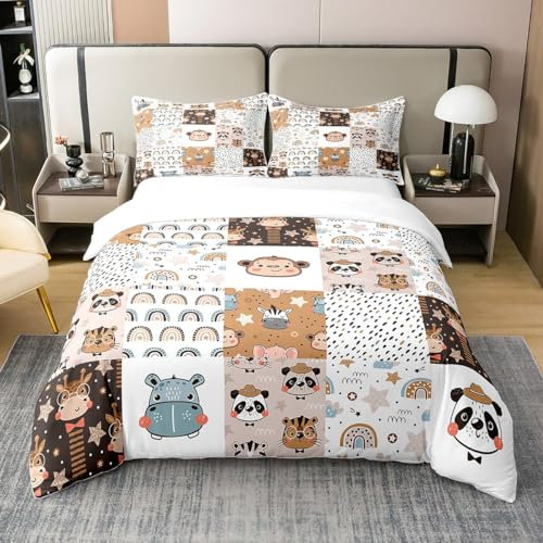 richhome 135x200 Größe Bettbezug Netter AFFE 100% Reine Baumwolle Bettwäsche Set Afrika Wilde Tiere Bettwäsche Set Cartoon Tiger Panda und Hippo Giraffe Tröster Abdeckung für Zimmer