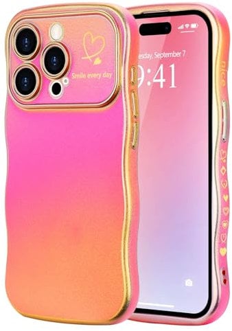 LCHULLE for iPhone 14 Pro Case for Women Girls,Cute Rainbow Colorful Wave Frame Curly Shape Love Heart Pattern Gradient Cover,Shockproof Camera Protection Phone Case for iPhone 14 Pro,Hot Pink