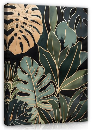 Bilder Blätter Gold Grün Natur 60x40 cm - Modern Leinwandbild Groß XXL Wohnzimmer Schlafzimmer Wandbild Kunstdruck Wandbilder Canvas Desing Wand Bild auf Leinwand Aufhängefertig