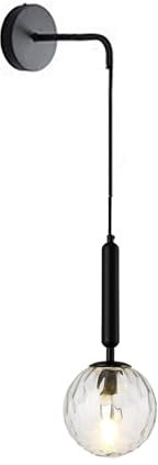 Tropibed Nordisch Modern Wandleuchte E27 Glas Glaskugel Wandlampe für Schlafzimmer Wohnzimmer Nachttisch-Wandleuchte mit Glaskugel Lampenschirm Ø15CM mit verstellbarer Schnur (Klarglas, Schwarz)