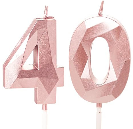 Rose Gold 40th Birthday Candles - Number 40 Candles for Cake, Toppers for 40 Year Old Women
