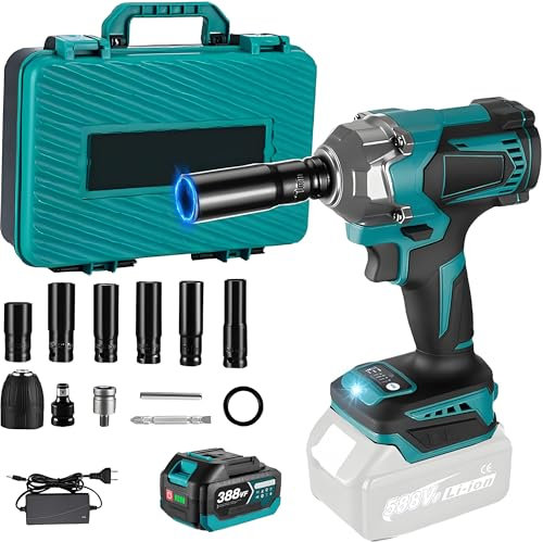 Akku Schlagschrauber Kompatibel mit Makita18V, 700Nm 1/2 Zoll Bürstenloser Schlagschrauber Reifenwechsel, Akkuschlagschrauber mit 6 Stecknüsse (blau mit 1 akku)
