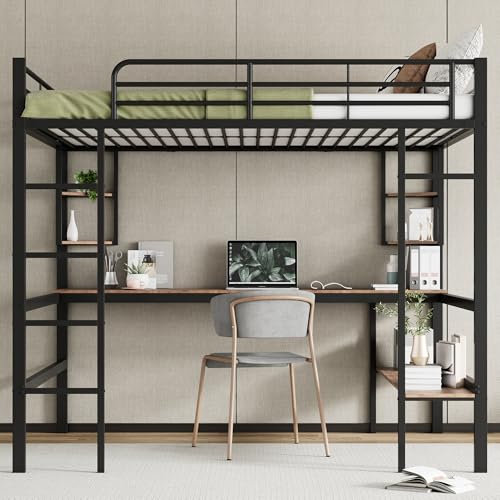 Kinderbett Hochbett 140x200 cm, Metallbett Einzelbett mit Schreibtisch Bücherregal und 4 Regalen, Funktionsbett mit Rausfallschutz und Lattenrost, Etagenbett Jugendhochbett, Ohne Matratze, Schwarz