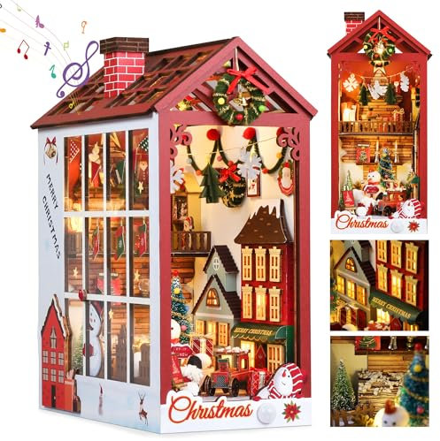 Pllieay Noël Book Nook Kit de Maison de Poupées Miniatures avec Boîte à Musique et Lumière LED,Puzzle 3D en Bois,Construire Kits 3D Bois Serre-Livres Diorama Cadeau de Vacances pour Ans 14+