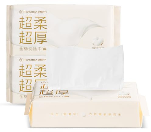 Purcotton Extra Soft & Thick Face Towel Cotton Facial Tissues Disposable Dry Wipes, Dry Baby Tissues Wet&Dry Pure Cotton Face Towels for Makeup Remove, Cleansing, Skincare-3 Pack