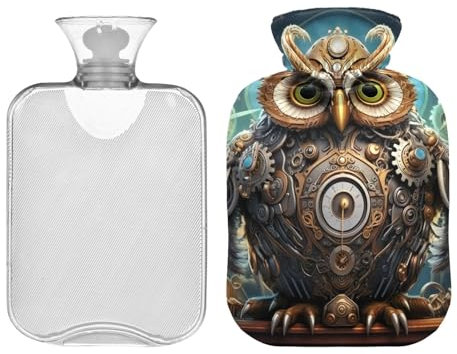 Bouillotte robot hibou avec housse souple, 1 litre pour soulager la douleur des règles d'épaule, bouillottes avec housses