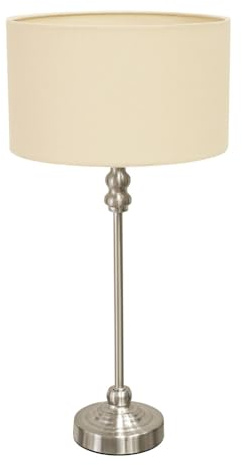 ValueLights | Brushed Chrome Metal Candlestick Table Lamp with Cream Fabric Drum Shade Bedside Light | Table Lamps, Home Décor & Improvement Essential | Included LED Bulb