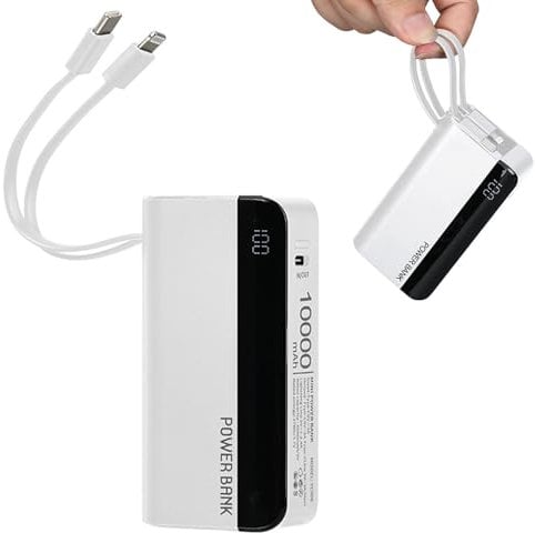 IAIGG Mini Power Bank 10000mAh, Fast Charging Portable Phone Charger with Built-in Cables (Removable), 22.5W USB C LED Display Small Battery Pack for iPhone 14 13 Samsung Galaxy Android Tablet (White)
