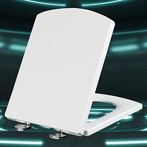 Durable Soft Close Toilet Seat with Quick Release Non Slip Design and Adjustable Size Rectangular Toilet Seat Cover with Slow Close Hinges (White 37 * 47cm)