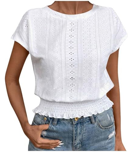 Short Sleeve Tops for Women UK,Summer Tops Court Lock Hollow Pleated Elasticated Waist Band Short Slim Fit Outfits Crewneck Top Casual Crewneck Eyelet Tunics Blouses Tee S-XL White
