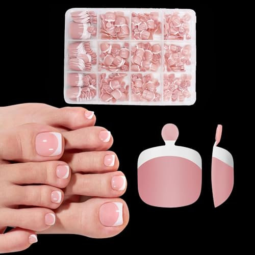 GlamRays 216 pièces d'autocollants roses pour ongles de pieds pour femmes, autocollants pour ongles de pieds français, pointes d'ongles de pieds en gel doux, 12 tailles