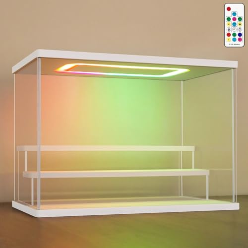 Nonemey Acryl Vitrine Ständer mit Bunten Led Licht,3/4/5/6 Schichten Schaukasten Vitrine Staubdichte Organizer Acrylbox für Sammlerstücke Figuren (Weiß, 3Stufen-31.5x18x23 cm)