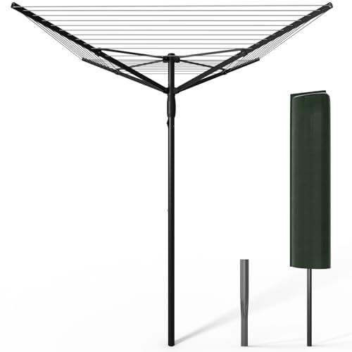 VOUNOT® Tendedero Giratorio 45M de Cuerda Secadora de Ropa Rotativa para Exteriores 4 Brazos Sistema Tipo Paraguas Línea de Lavado Plegable con Funda y Estaca para Jardín Al Aire Libre Negro/Gris