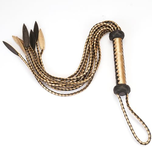 Frustino in vera pelle Cat-O'-Nine-Code, frustino da equitazione realizzato a mano, con manico da 23 cm e coda da 59 cm, frustino da addestramento per cavalli (oro nero a nove code)