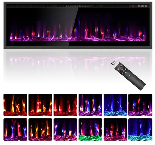 50 Electric Fireplace Heater, Wall Mount/Recessed, 1500W & 750W Modes, 7 Flame & 12 Ember Colors, Remote & Touchscreen Control, 8H Timer, 40dB Ultra-Quiet, Cool-Touch Glass, UKCA/CE Certified