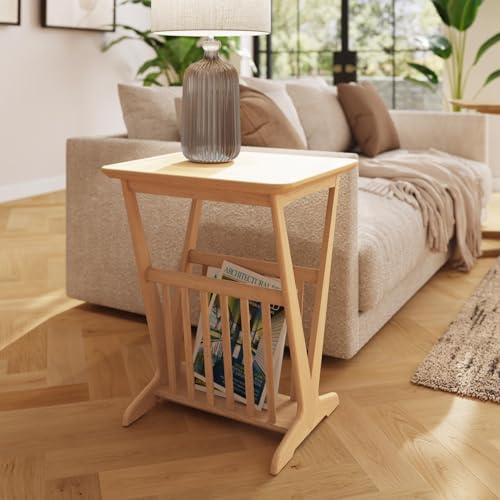 FWStyle Solid Wood Magazine Rack Table – Newark Natural Ash Wooden Side Table with Storage – Shaker Style with Tapered Legs & Contoured Top – Living Room Furniture