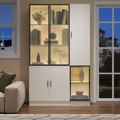 Juabett 120x35x200cm Vitrine, Glasvitrine Standvitrine Glasschrank Vitrinenschrank mit LED Lichtern, MultiStorage Bücherschrank für Sammlung Schlafzimmer Wohnzimmer Büro, Mehrzweckschrank mit Glastür