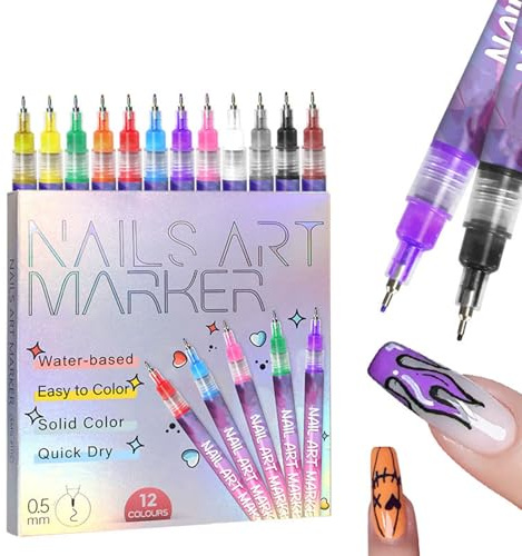 12 Colors Nail Art Pens Set - 0.5mm Fine Tip Quick Dry Water-Based Nail Markers, DIY Gel Nail Graffiti Dotting Liner Pens, 3D Nail Painting Tool for Women Girls