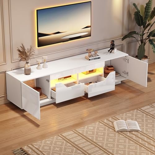 VIEKOS Mobile TV da pavimento, 180 x 40 x 45 cm, con 2 cassetti e 2 armadi, mobile TV lucido con luci a LED, TV, tavolo TV, adatto per TV da 75 pollici, bianco