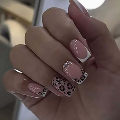 24pcs Elegant White French Tips with Leopard Accents Glossy Nude Base - Sparkling Rhinestone Detail Trendy Square Shape Press On Nails Short False