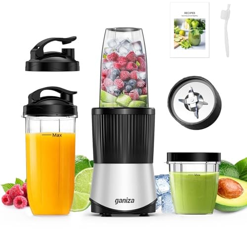 Ganiza Smoothie Maker 900W, Mini Blender avec 25000 tr/min, 3 Gourdes Tritan To-Go (300ml, 500ml & 700ml), 4 Lames Asymétriques, pour Tous Types de Shakes et Smoothies, Argent/Noir