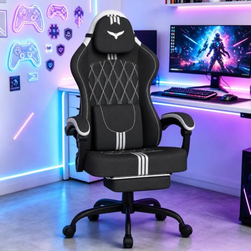 Verdego Sedia Gaming Ergonomica, Sedia da Gaming con Cuscino Lombare Massaggio, Poggiapiedi, Poltrona da Gaming, Cotone, Schienale Regolabile a 90-145°, Regolabile in Altezza, Nero e bianco