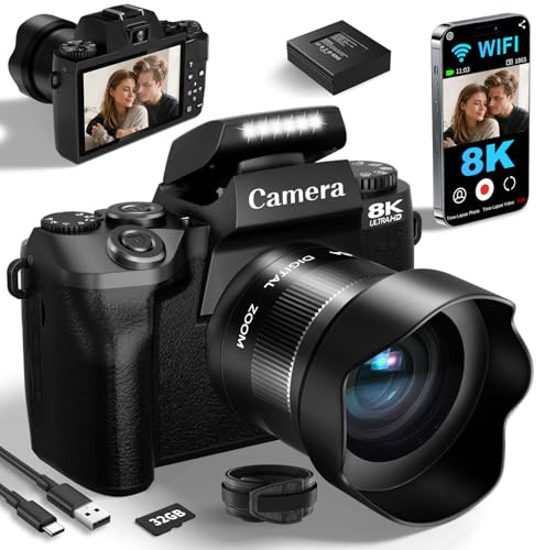 8K Digital Cameras for Photography WiFi 64MP Vlogging Camera for YouTube with Dual-Lens, 4 Touch Screen Cameras for Beginners, Autofocus, 16X Digital Zoom, 3000mAh Batteries, 32GB Card, Black