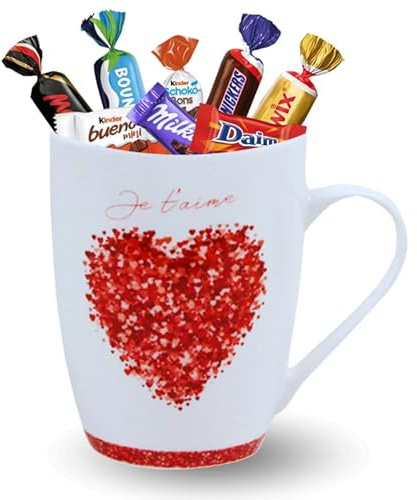 KINDER, MILKA, CÉLÉBRATIONS - Coffret Mug je t'aime garni de 20 chocolats | Mug réutilisable garni de chocolats - cadeau fête des Mères, fête des Pères, Saint-Valentin, anniversaire, cadeau femme
