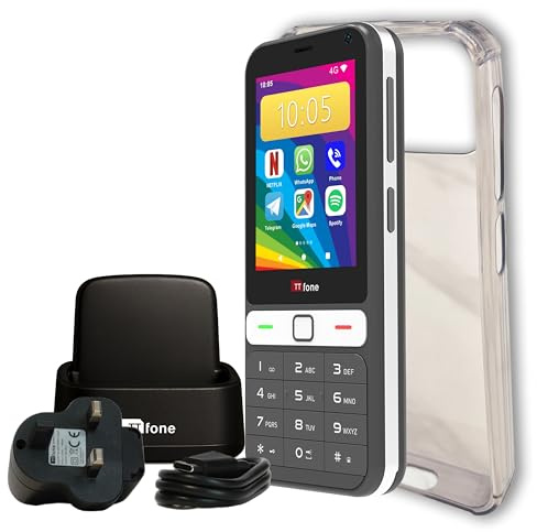 TTfone TT280 – Simple 4G Dual SIM Bar Phone with Android, 2.8 Touchscreen, Keypad, 2MP Camera, USB-C - Easy to Use Unlocked Mobile with Original Silicone Clear Case and Docking Station with Charger