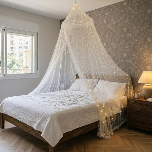 Zanzariera Letto, Bwaliffury Zanzariera Grande per Letto o Patio Esterno, 60X250X1200cm, Letto Bimbi/Matrimoniale/Singolo, Ganci, borsa per riporli e lucine, per viaggi, campeggio, picnic