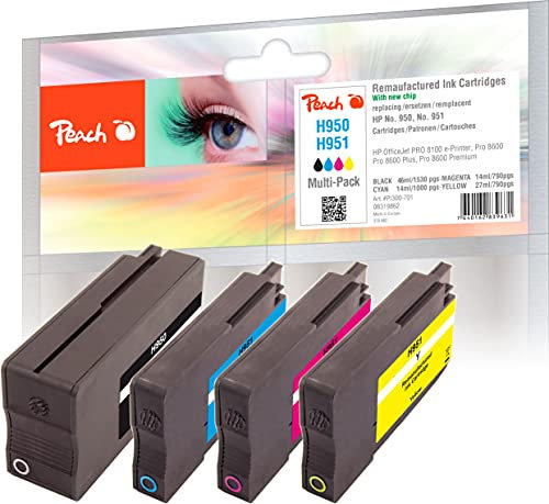 Peach H950/951 Spar Pack Druckerpatronen (BK, C, M, Y) ersetzt HP No. 950, No. 951, CN049A, CN050A, CN051A, CN052A für z.B. HP OfficeJet Pro 8600 Plus e-All-in-One, HP OfficeJet Pro 8610 e-All-in-One
