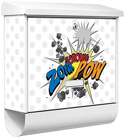 banjado® Burgwächter Briefkasten Weiß 38x39x12cm mit Motiv Comic/Briefkasten mit Zeitungsfach/Briefkasten mit Zeitungsrolle/Postkasten inkl. Montagematerial & 2 Schlüsseln