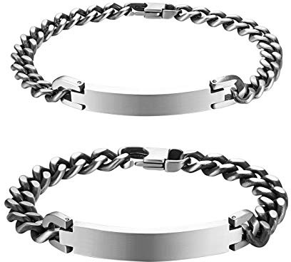 JewelryWe Valentinstag Schmuck 2pcs Pärchen Armband mit Gravur, Personalisierte Edelstahl Poliert Panzerkette Partnerarmband Freundschaftsarmband Paar Armkette für Herren Damen, Schwarz Silber