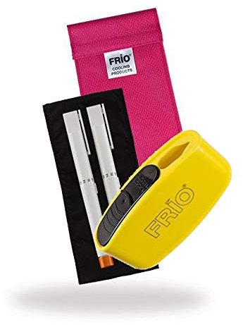 Frio Duo Pink with a Travel Sharps Bin. Perfect for travel or everyday use, the pocket sharps bin will hold up to 25 needles allowing safe storage whilst you are out and about